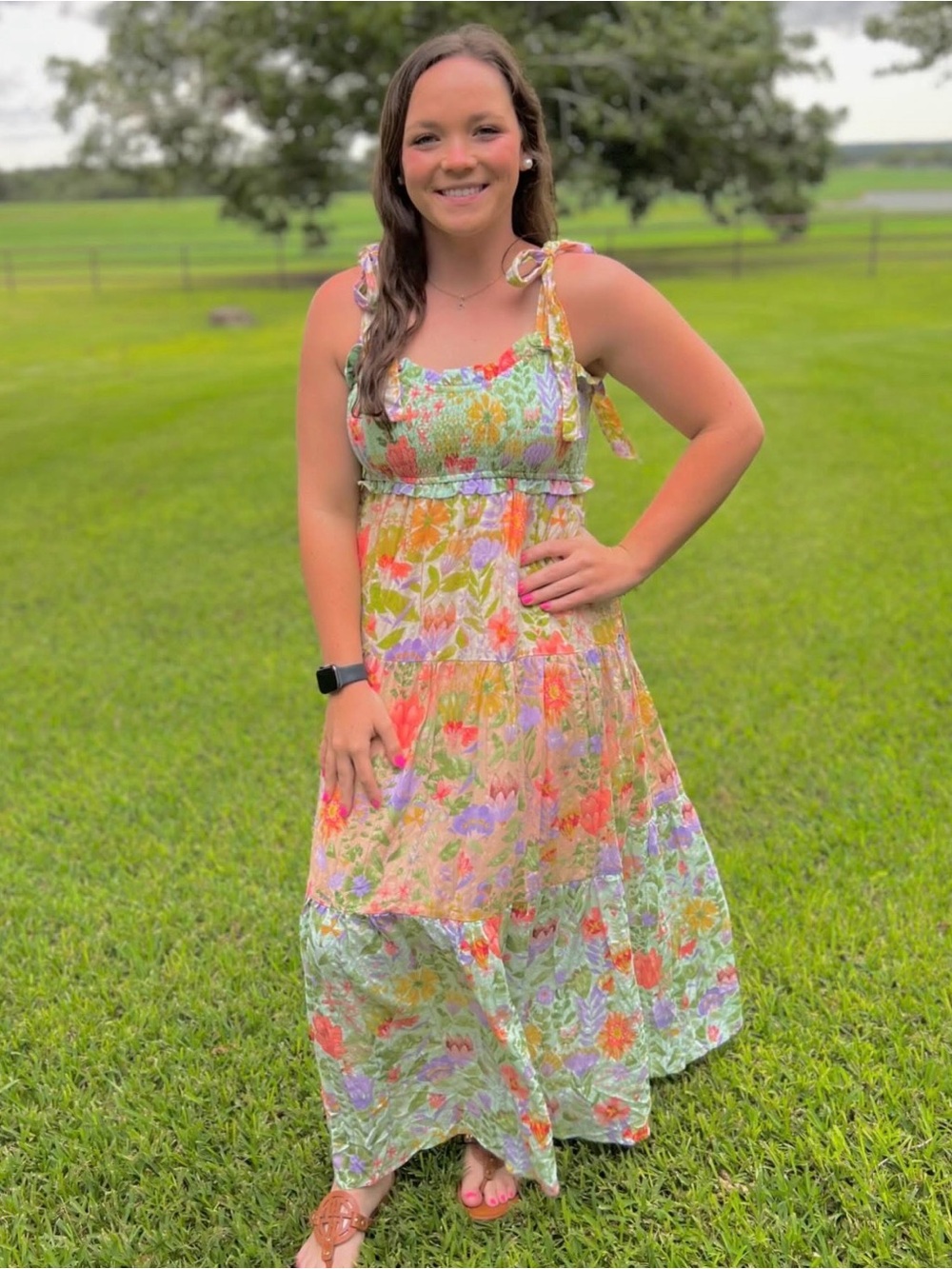 Summery Floral Tie-Shoulder Maxi Dress in Multicolor